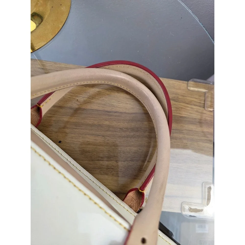 Dooney & Bourke White Patent Leather Satchel Tan Trim Contrast Stitch Handbag